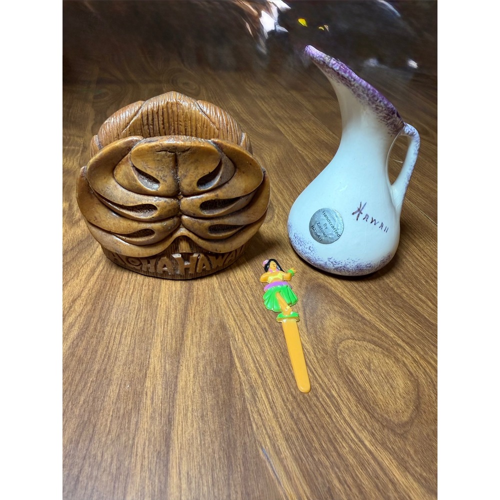 Vintage Hawaii Souvenir Lot Coco Joes Hapa Wood Letter Rack LaTour Pitcher Hula